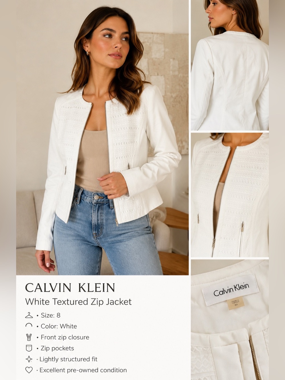 Calvin Klein Cream-White Textured Zip Blazer